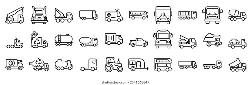 Conjunto de ícones de caminhões no estilo de estrutura de tópicos. Transferir ícones de linha da Web. Contendo carro. Traçado editável. Ilustração vetorial