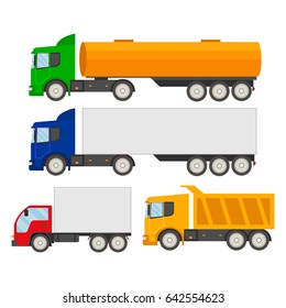 Set of trucks icons.Trucks and trailers on a white background. Delivery and shipping cargo trucks and semi-trucks. Flat style design vector illustration.