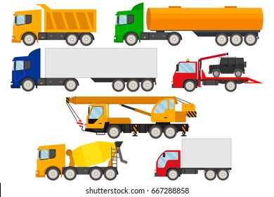 Set of trucks icons.Trucks, trailers, tow truck and truck crane on a white background. Delivery and shipping cargo trucks and semi-trucks. Flat style design vector illustration.