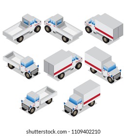A set of trucks. Isolated on white background. Isometric. Vector illustration.