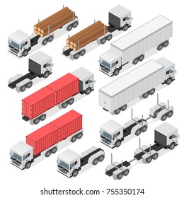 Set of trucks in an isometric view. Container for transportation. A white Car with a trailer. Delivery of cargo. Vector illustration.