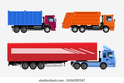 Conjunto de camiones sobre un fondo blanco. Ilustración vectorial realista