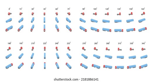 Set of trucks and sami-trailers from different angles. Rotation of the tractor unit with sami-trailer by 15 degrees for animation and video games.  