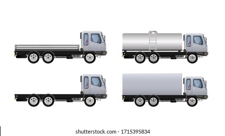 Set Of Trucks Side View. Delivery Of Cargo. Solid And Flat Color Design. White Truck For Transportation. Separate On A White Background. Vector.