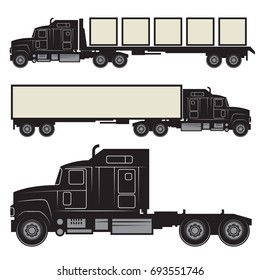 Set of trucks and trailers black and white, isolated white background, vector illustration