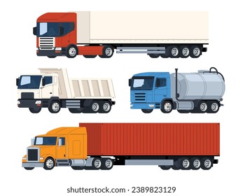 A set of trucks with trailers, tanks, a dump truck, and a container. Freight transportation. Transportation of products over long distances. Vector illustration