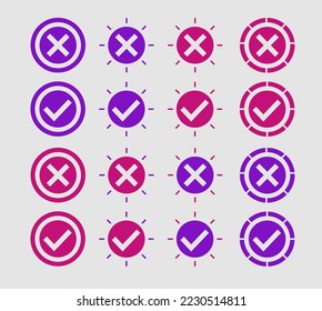 un conjunto de iconos verdaderos y falsos en una combinación de rosa y púrpura.