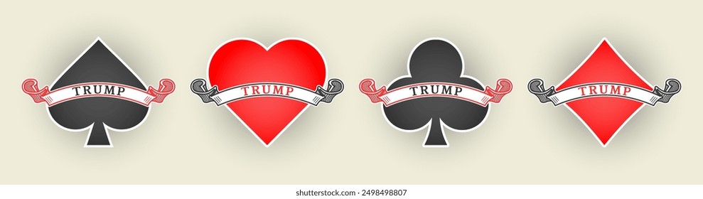 Set of trump suits of playing cards with ribbon. Queens, spades, hearts, clubs and diamonds.