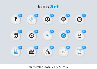 Set Trumpet, Bottle cap, Heart with glass of beer, Lederhosen, Wooden mug, Oktoberfest man, opener and Wheat icon. Vector