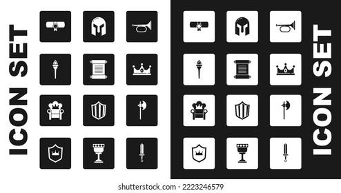 Set Trumpet, Decree, parchment, scroll, Torch flame, King crown, Medieval iron helmet, axe and throne icon. Vector