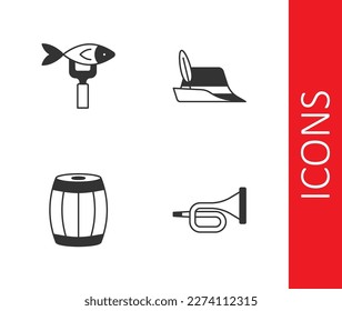 Set Trumpet, Dried fish, Wooden barrel and Oktoberfest hat icon. Vector