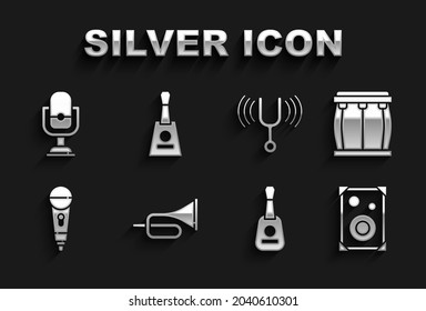 Set Trumpet, Drum, Stereo speaker, Guitar, Microphone, Musical tuning fork,  and Balalaika icon. Vector