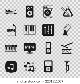 Set Trumpet, Drum with drum sticks, Microphone, Guitar amplifier, Music synthesizer, MP4 file document, Sound mixer controller and  icon. Vector