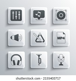 Set Trumpet, Microphone, MP4 file document, Triangle musical instrument, Headphones, Megaphone, Sound mixer controller and Stereo speaker icon. Vector