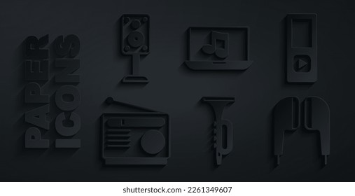 Set Trumpet, Music player, Radio, Air headphones, Laptop with music and Stereo speaker icon. Vector