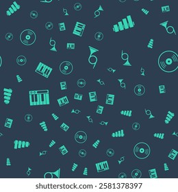 Set Trumpet, Pan flute, Music synthesizer and Vinyl disk on seamless pattern. Vector
