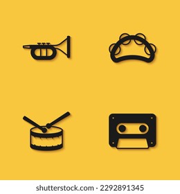 Set Trumpet, Retro audio cassette tape, Drum with drum sticks and Tambourine icon with long shadow. Vector