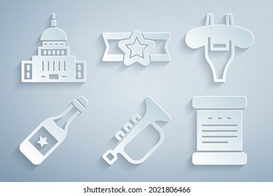 Set Trumpet, Sausage on the fork, Champagne bottle, Declaration of independence, Star American military and White House icon. Vector
