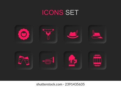 Set Trumpet, Sausage on the fork, Bottle opener, Wooden beer mug, Oktoberfest hat, barrel,  and Glass of icon. Vector