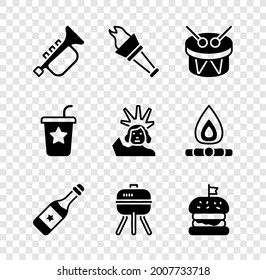 Set Trumpet, Torch flame, Drum and drum sticks, Champagne bottle, Barbecue grill, Burger, Paper glass with straw and Statue of Liberty icon. Vector