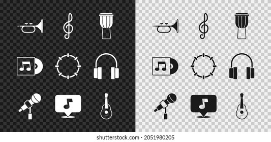 Set Trumpet, Treble clef, Drum, Microphone, Music note, tone, Guitar, Vinyl disk and Tambourine icon. Vector