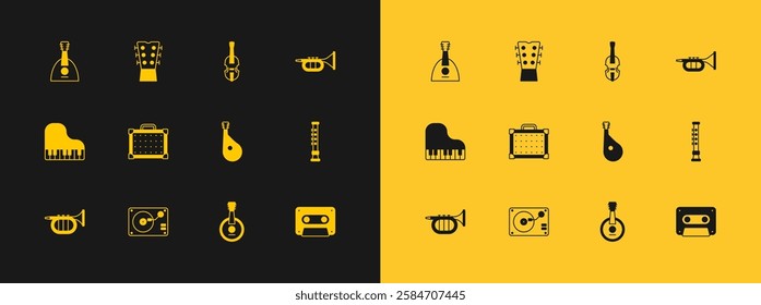 Set Trumpet, Vinyl player with vinyl disk, Bandura, Banjo, Guitar amplifier, Violin, Balalaika and neck icon. Vector