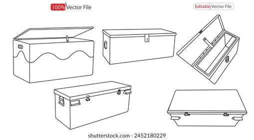 Monte el Vector del maletero. Colección de diseño de contorno de silueta de caja de maletero . Ilustración técnica de accesorios de moda. Vector mochila delantera. silueta de la caja del maletero. Contorno abierto caja de madera del cofre del tesoro Vector i