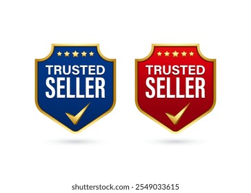 Conjunto de crachá do logotipo do escudo do vendedor confiável em gradiente de cor azul e vermelho com marca de verificação dourada e estrelas. Projeto vetorial para produto verificado, produto de melhor vendedor ou promoção de marketing.