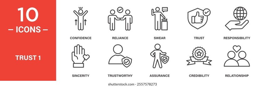 A set of trust-related icons representing confidence, reliability, responsibility, sincerity, assurance, credibility, and strong relationships.