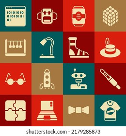 Set T-shirt, Audio jack, Man hat, Energy drink, Table lamp, Pendulum, Binary code and Slippers with socks icon. Vector