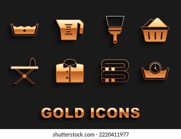 Set T-shirt, Basin with soap suds, Time wash, Towel stack, Iron and ironing board, Rubber cleaner for windows, Temperature and Measuring cup icon. Vector