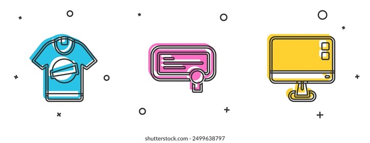 Set T-shirt, Certificate template and Computer monitor screen icon. Vector