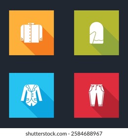 Set T-shirt, Christmas mitten, Blazer or jacket and Pants icon. Vector