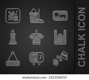 Set T-shirt, Clock 24 hours, POS terminal with credit card, Paper shopping bag, Hanging sign Closed, Sauce bottle, Identification badge and QR code icon. Vector