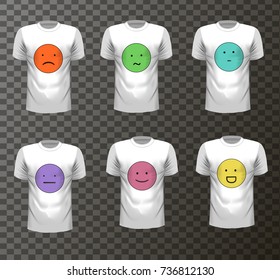 set of t-shirt with colored faces, mood and cloth, vector