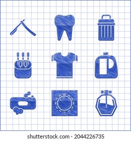 Set T-shirt, Condom in package safe sex, Perfume, Bottles for cleaning agent, Bar of soap, Cotton swab ears, Trash can and Straight razor icon. Vector