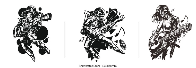 Set of T-shirt Design Astronaut in Playing Guitar, Hand Drawn Sketch Grunge illustration.