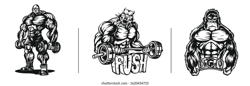 Set of T-shirt Design Bodybuilder strict coach bodybuilding and fitness, Vector illustration.