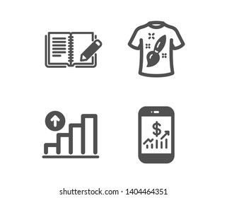 Set of T-shirt design, Feedback and Graph chart icons. Mobile finance sign. Painting, Book with pencil, Growth report. Phone accounting.  Classic design t-shirt design icon. Flat design. Vector