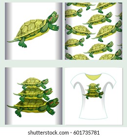 Set for t-shirt design seamless pattern Pond slider turtle green smiling.   vector illustration