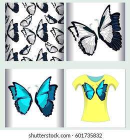 Set for t-shirt design seamless pattern the butterfly blue morpho monarch.  vector illustration