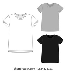 Set of  t-shirt design template  isolated on white background. White, gray, black colors. Technical sketch. Vector illustration
