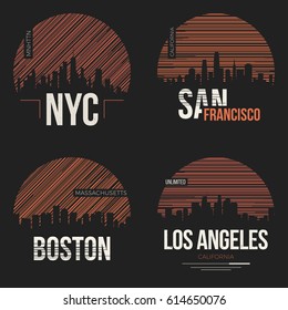 Set of t-shirt designs with us cities silhouettes. Tee shirt print typography label badge emblem. Vector illustration.