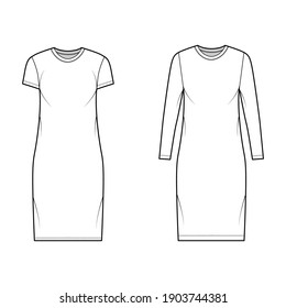 Set of T-shirt dresses technical fashion illustration with crew neck, long and short sleeves, knee length, oversized. Flat apparel template front, white color. Women, men, unisex CAD mockup