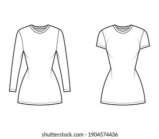 Set of T-shirt dresses technical fashion illustration with crew neck, short and long sleeves, mini length, slim fit, Pencil fullness. Flat apparel template front, white color. Women, men, CAD mockup