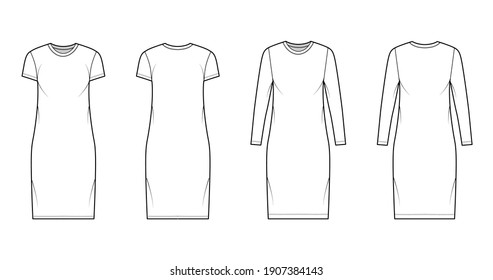 Set of T-shirt dresses technical fashion illustration with crew neck, long and short sleeves, knee length, oversized, Pencil fullness. Flat template front back white color. Women men unisex CAD mockup