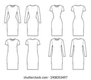 Set of T-shirt dresses technical fashion illustration with crew neck, long and short sleeves, knee length, oversized and fitted. Flat apparel template front, back, white color. Women, men CAD mockup