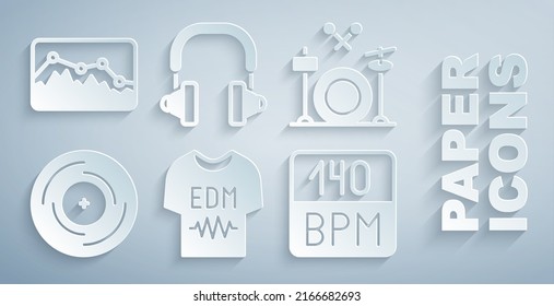 Set T-shirt, Drums, Vinyl disk, Bitrate, Headphones and Music wave equalizer icon. Vector