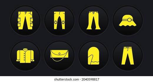 Set T-shirt, Elegant women hat, Clutch bag, Christmas mitten, Pants,  and Cargo pants icon. Vector