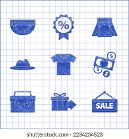 Camiseta, caja de regalo, Cartel colgante con venta, dinero en efectivo y moneda, Maletín, cinta de sombrero de hombre, icono de falda y ropa interior. Vector